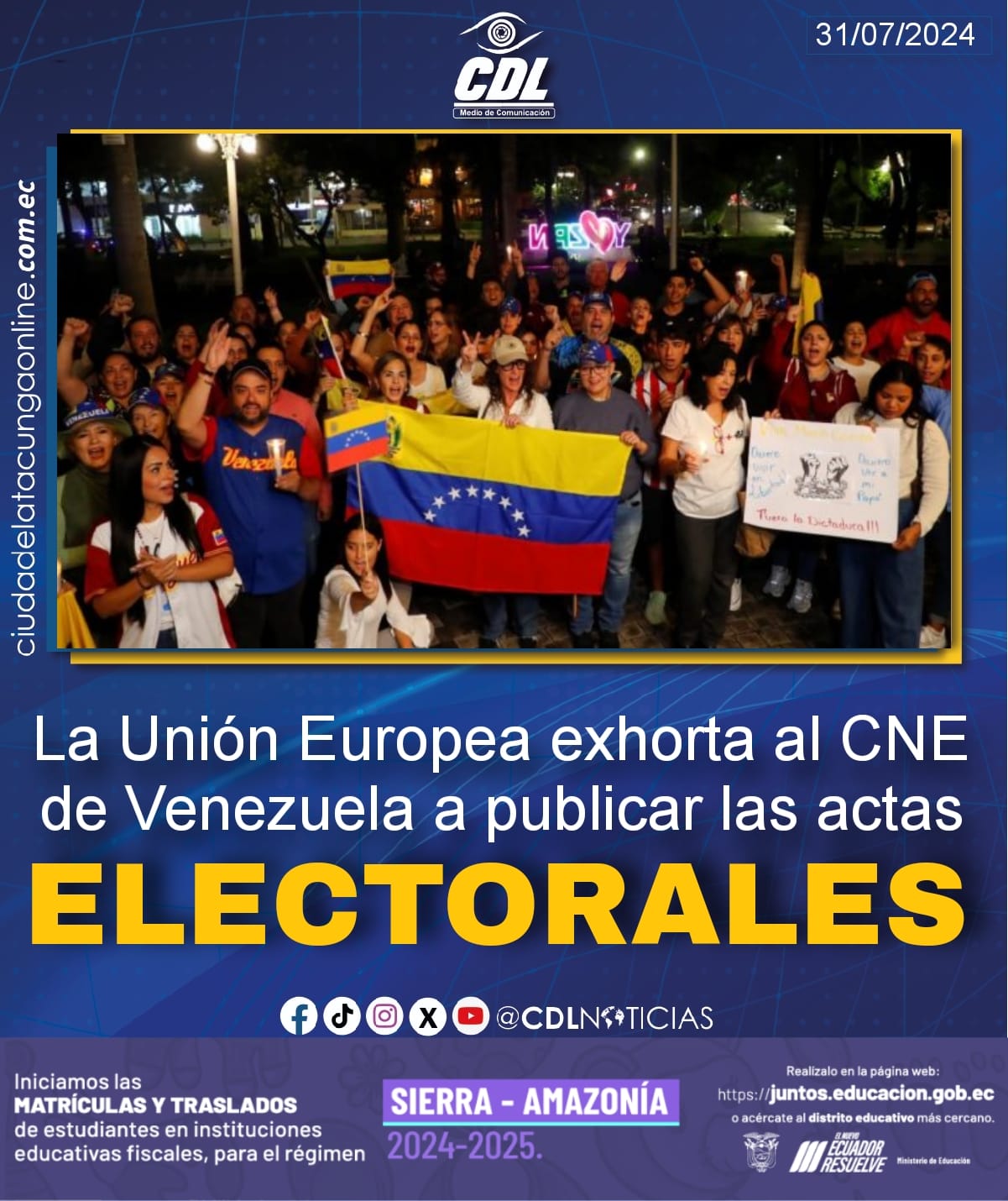 La Unión Europea exhorta al CNE de Venezuela a publicar las actas electorales