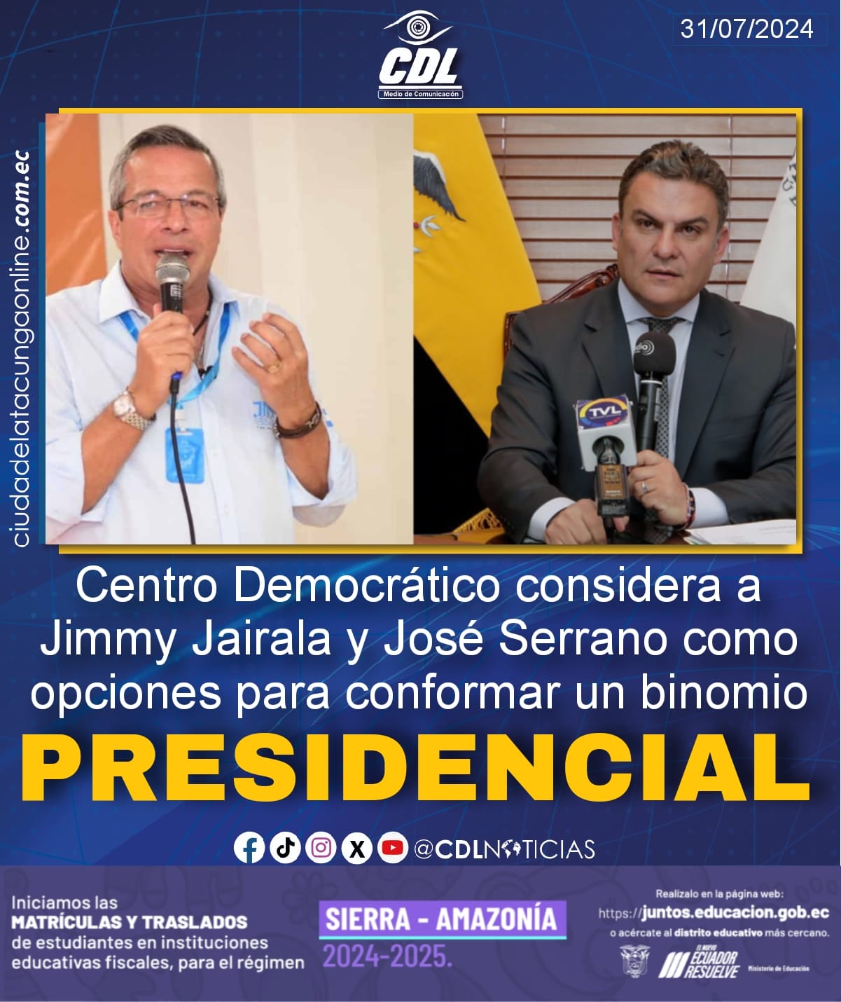 Centro Democrático considera a Jimmy Jairala y José Serrano como opciones para conformar un binomio presidencial