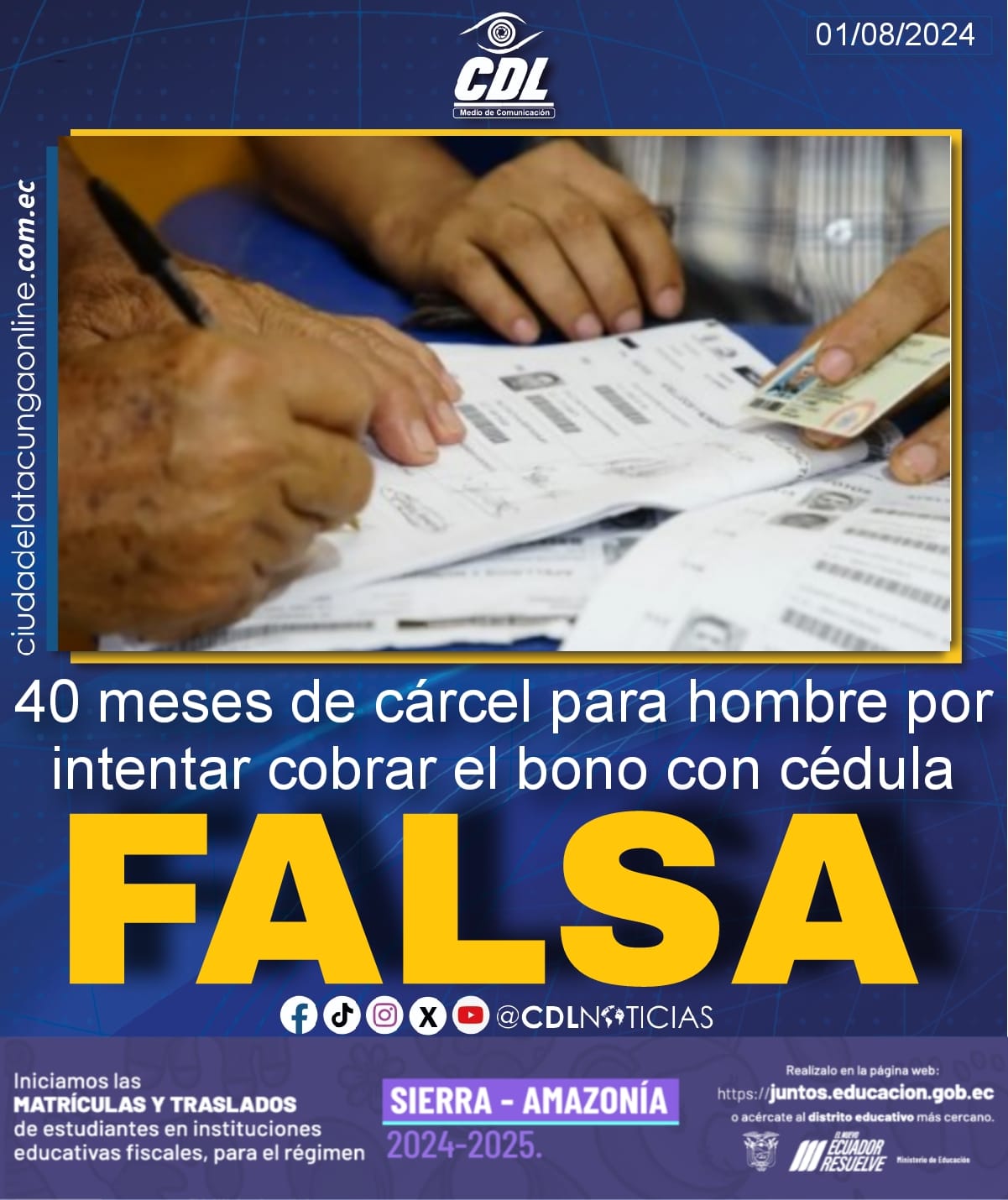 40 meses de cárcel para hombre por intentar cobrar el bono con cédula falsa