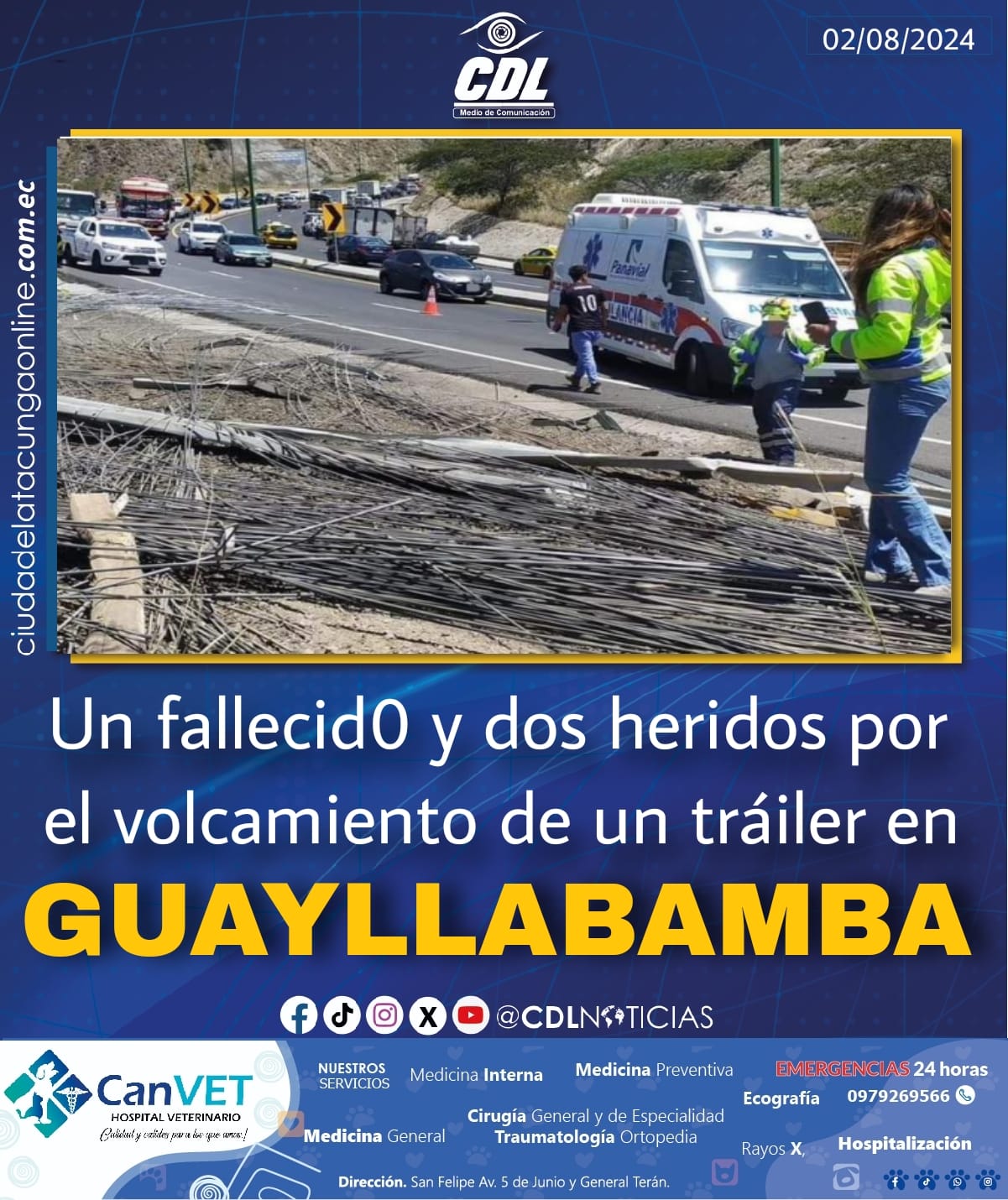 Un fallecid0 y dos heridos por el volcamiento de un tráiler en Guayllabamba