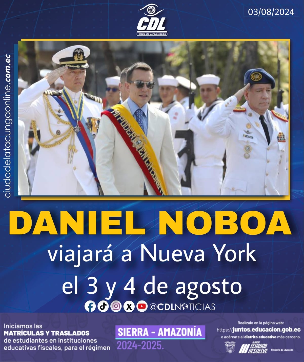 Daniel Noboa viajará a Nueva York el 3 y 4 de agosto