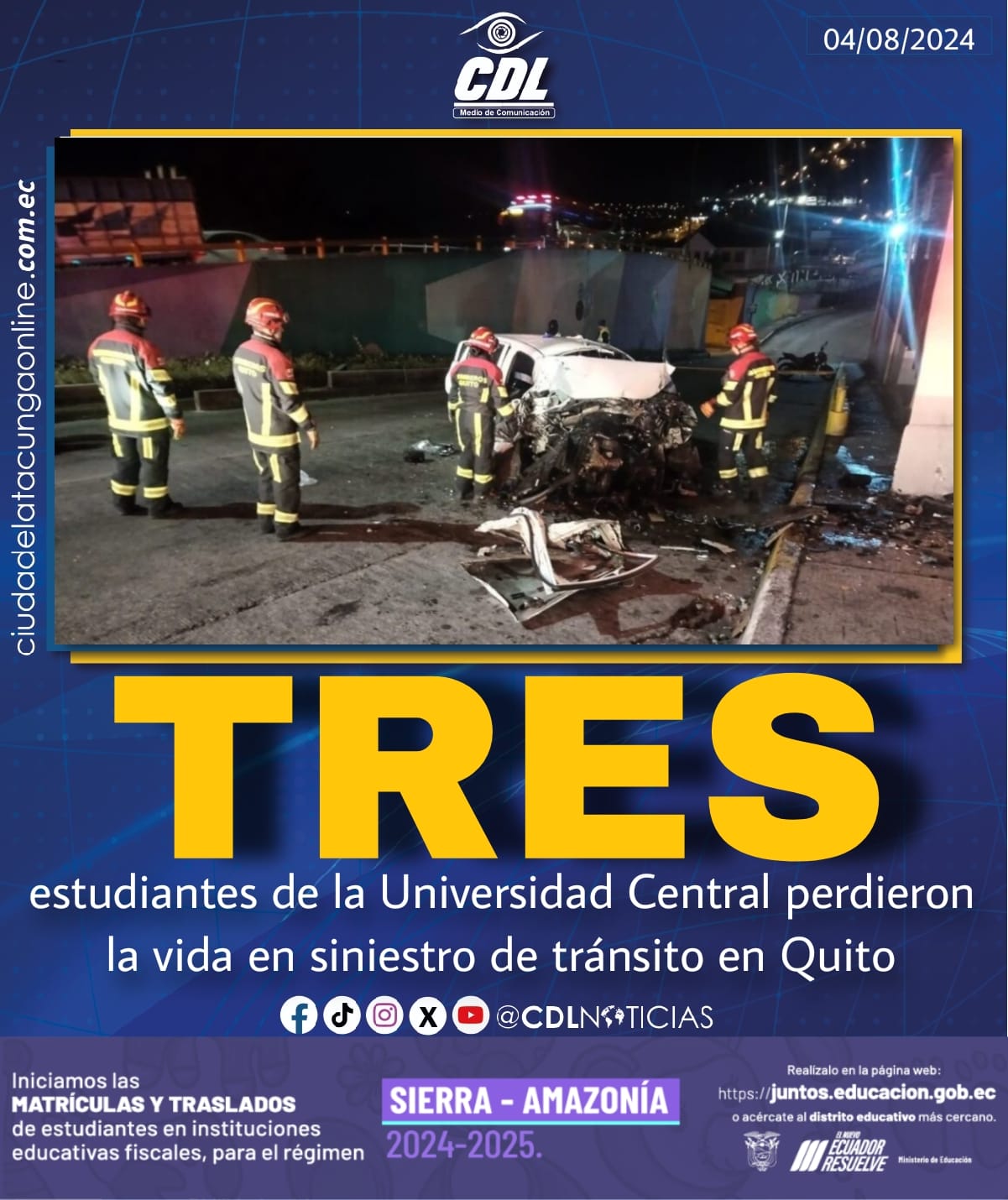 Tres estudiantes de la Universidad Central perdieron la vida en siniestro de tránsito en Quito