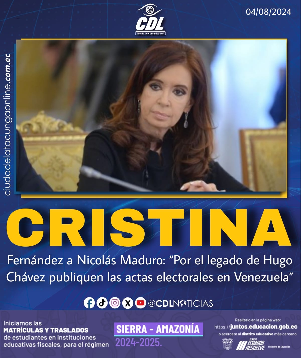 Cristina Fernández a Nicolás Maduro: “Por el legado de Hugo Chávez publiquen las actas electorales en Venezuela”