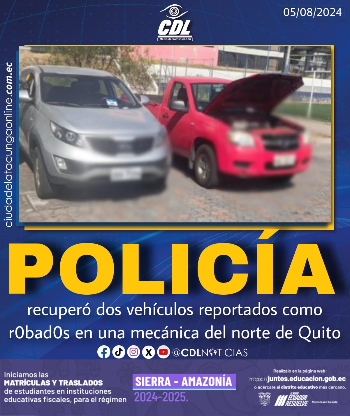 Policía recuperó dos vehículos reportados como r0bad0s en una mecánica del norte de Quito