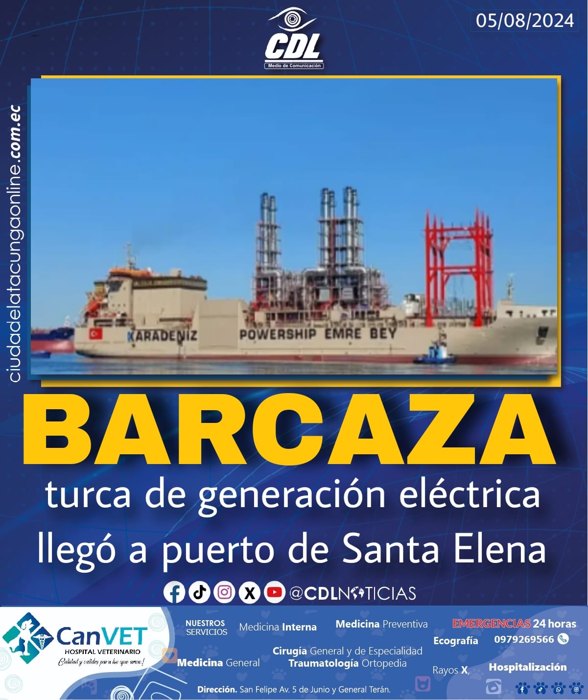 Barcaza turca de generación eléctrica llegó a puerto de Santa Elena