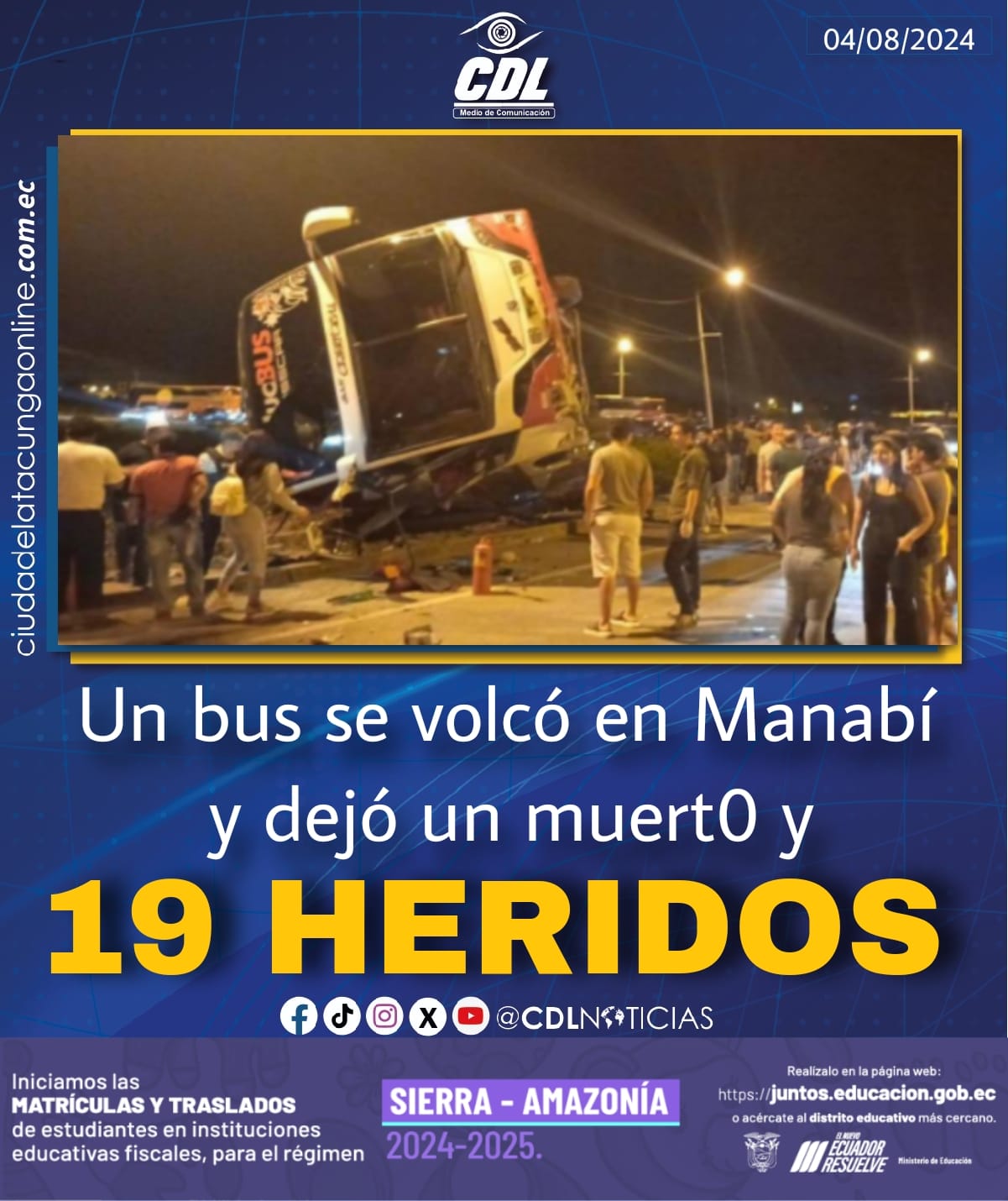 Un bus se volcó en Manabí y dejó un muert0 y 19 heridos