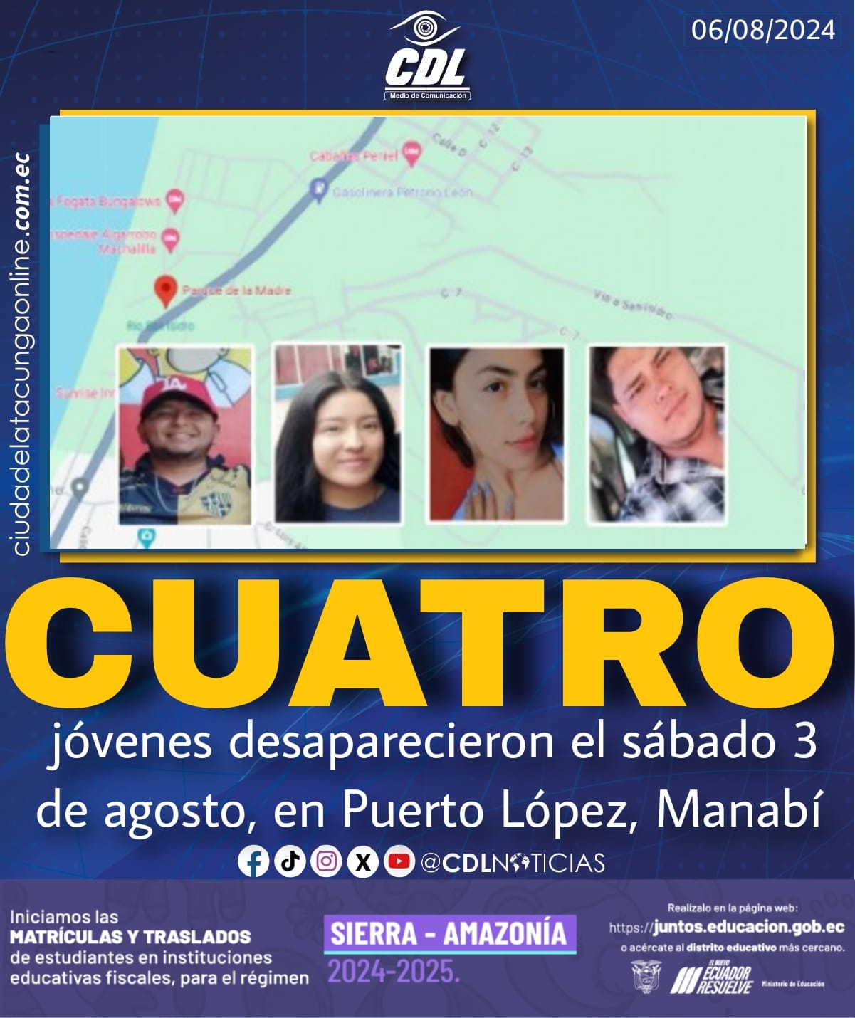 Cuatro jóvenes desaparecieron el sábado 3 de agosto, en Puerto López, Manabí