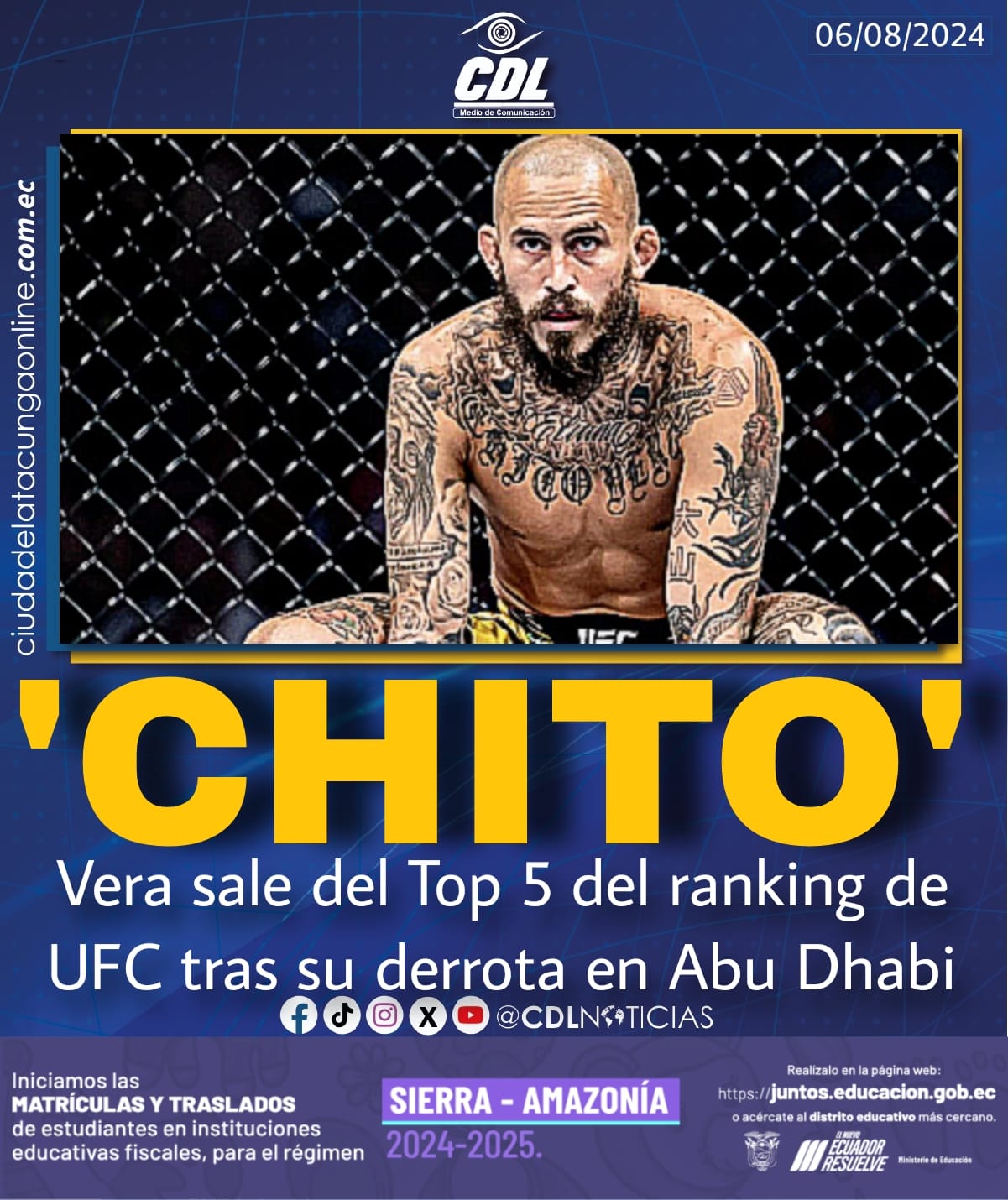 ‘Chito’ Vera sale del Top 5 del ranking de UFC tras su derrota en Abu Dhabi