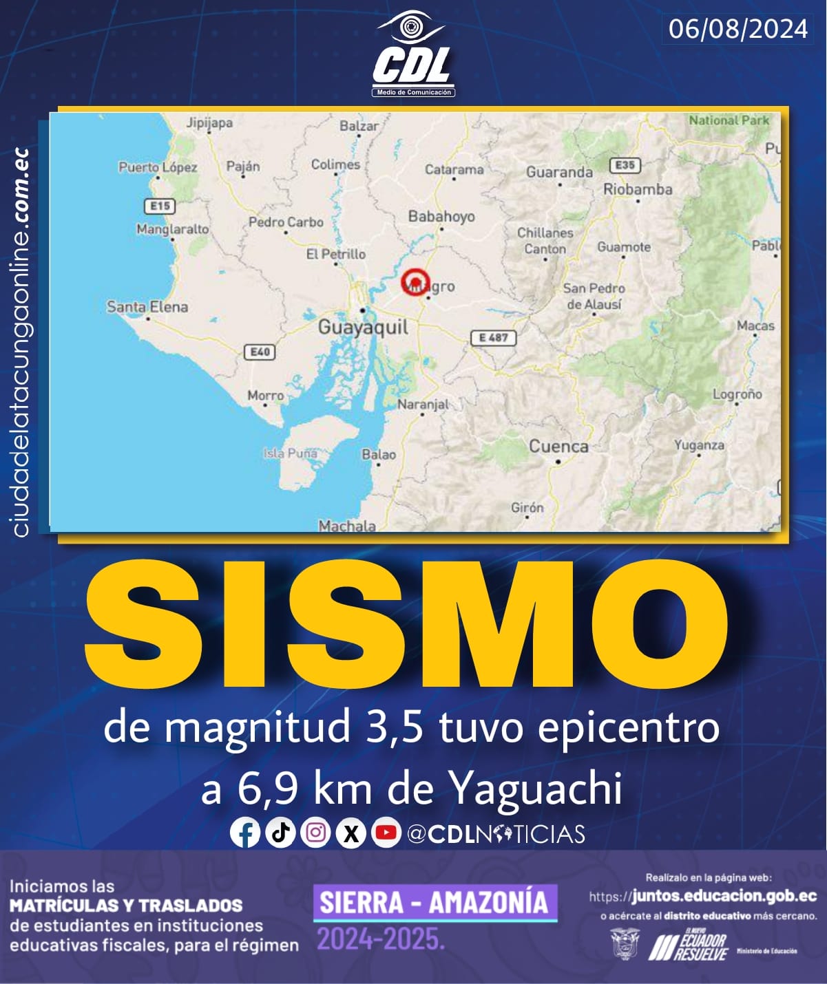 Un sismo de magnitud 3,5 tuvo epicentro a 6,9 km de Yaguachi