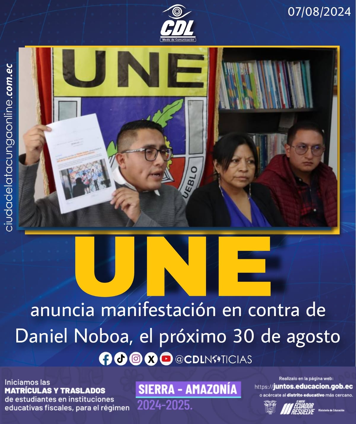La UNE anuncia manifestación en contra de Daniel Noboa, el próximo 30 de agosto