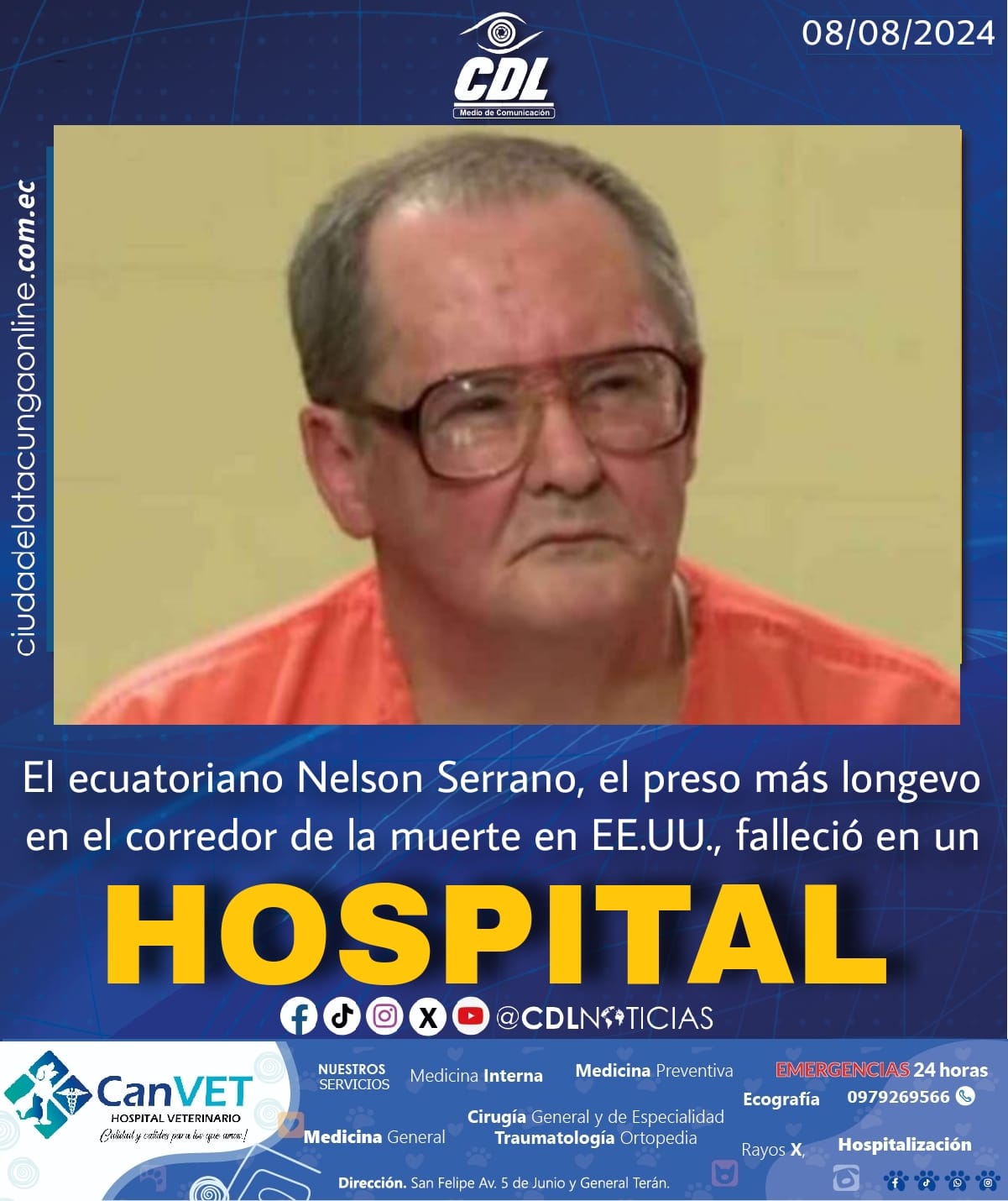 El ecuatoriano Nelson Serrano, el preso más longevo en el corredor de la muerte en EE.UU., falleció en un hospital