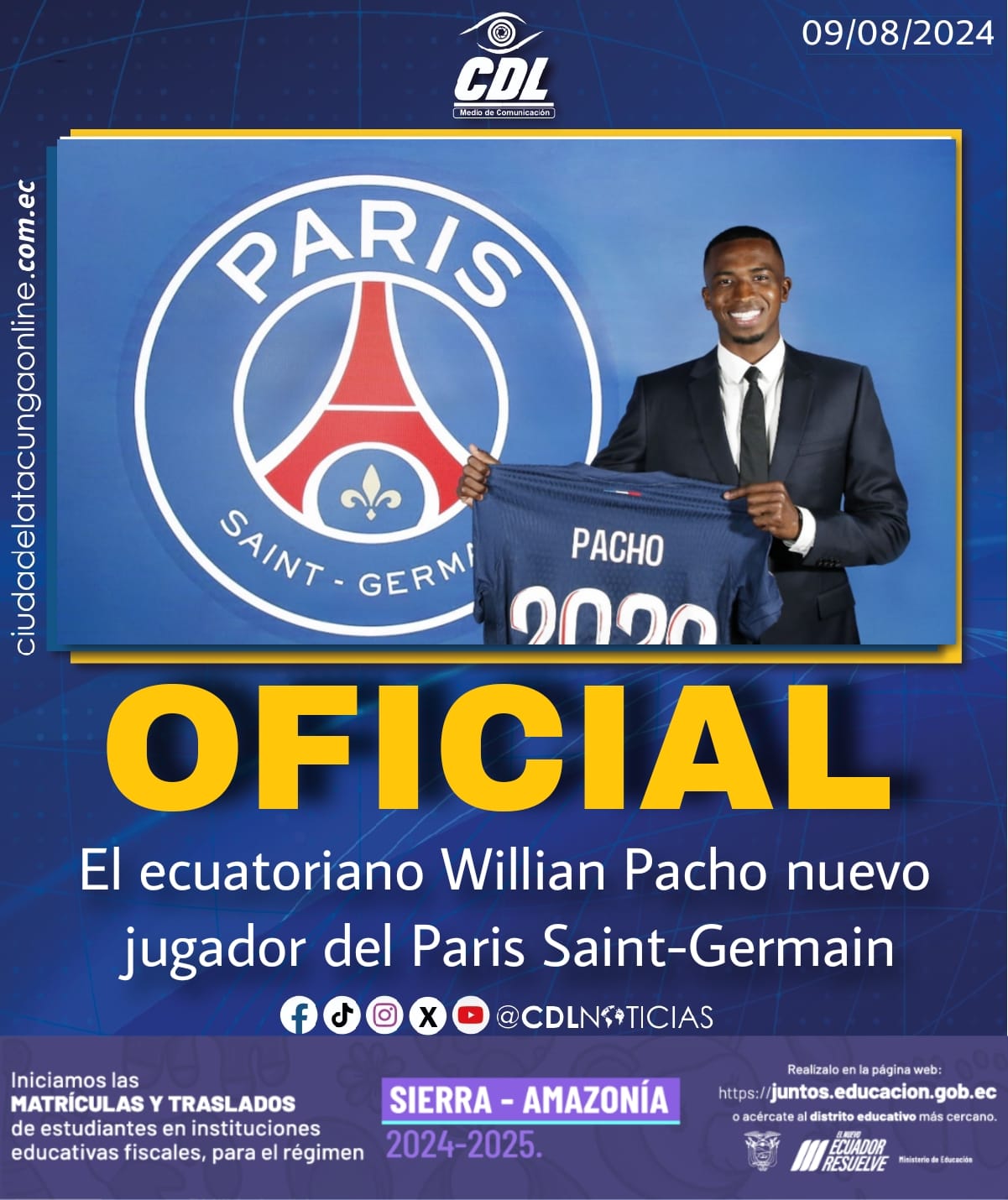 El Paris Saint-Germain anuncia al ecuatoriano Willian Pacho como nuevo jugador