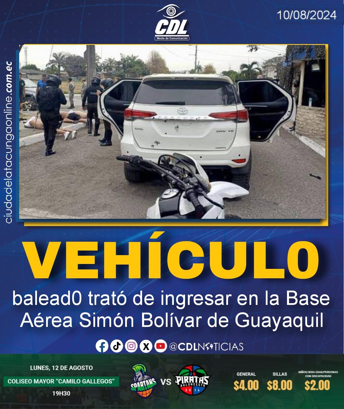 Un vehículo balead0 trató de ingresar en la Base Aérea Simón Bolívar de Guayaquil