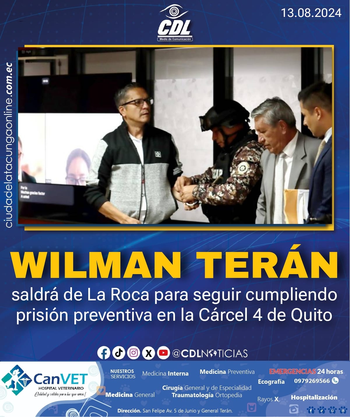 Wilman Terán saldrá de La Roca para seguir cumpliendo prisión preventiva en la Cárcel 4 de Quito