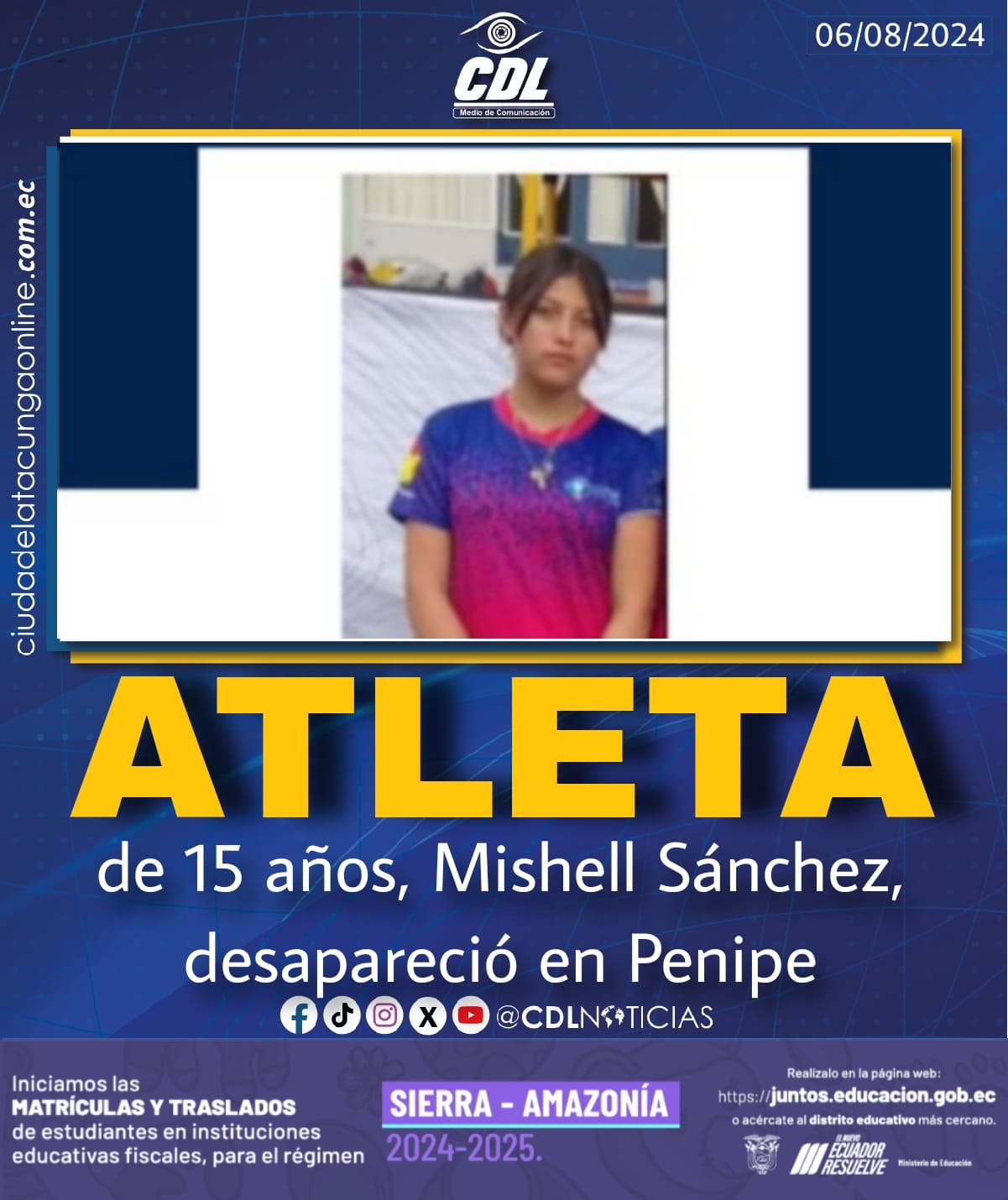 Atleta de 15 años, Mishell Sánchez, desapareció en Penipe