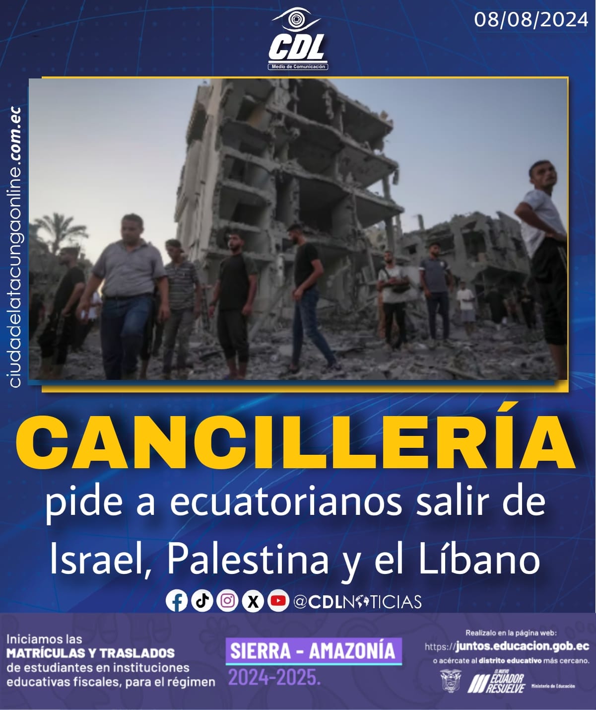 Cancillería pide a ecuatorianos salir de Israel, Palestina y el Líbano