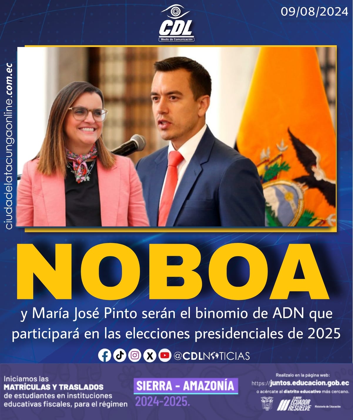 Daniel Noboa y María José Pinto serán el binomio de ADN que participará en las elecciones presidenciales de 2025