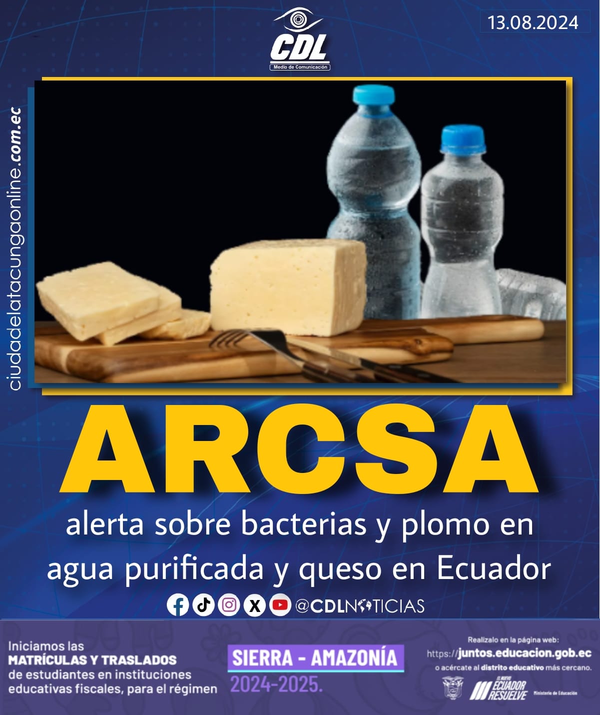 Arcsa alerta sobre bacterias y plomo en agua purificada y queso en Ecuador