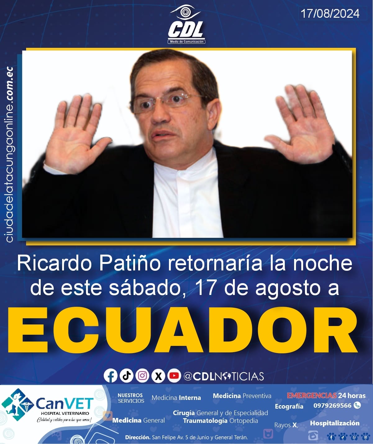 Ricardo Patiño retornaría la noche de este sábado, 17 de agosto a Ecuador, luego de estar más de cinco años asilado en México