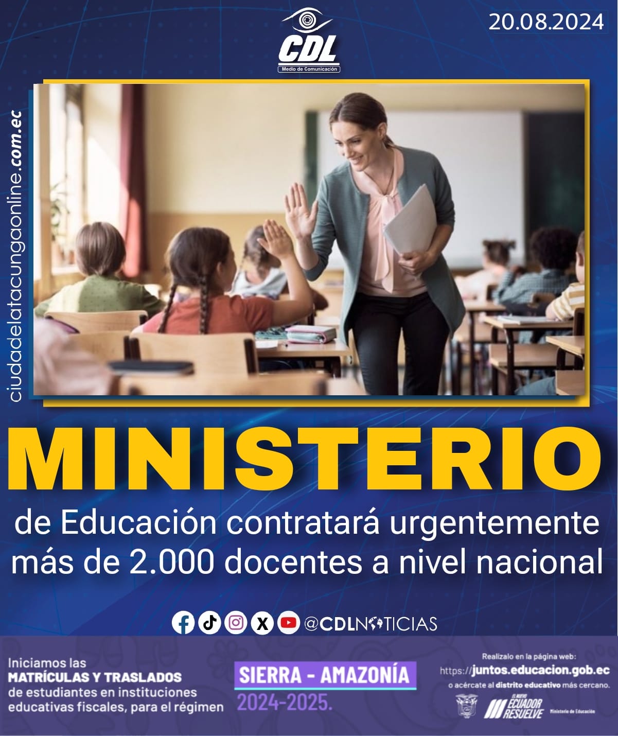 Ministerio de Educación contratará urgentemente más de 2.000 docentes a nivel nacional