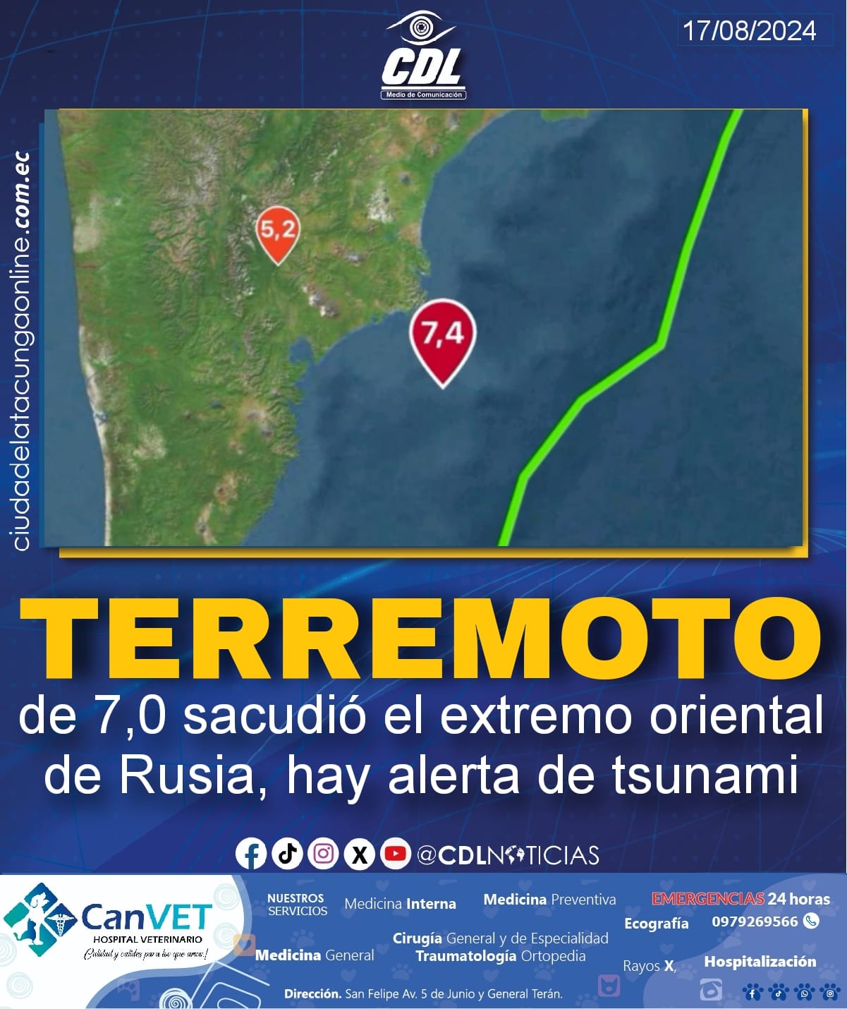 Un terremoto de 7,0 sacudió el extremo oriental de Rusia, hay alerta de tsunami