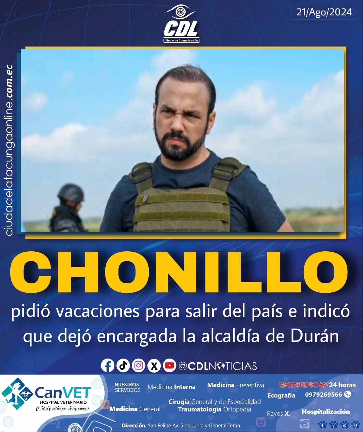Luis Chonillo pidió vacaciones para salir del país e indicó que dejó encargada la alcaldía de Durán