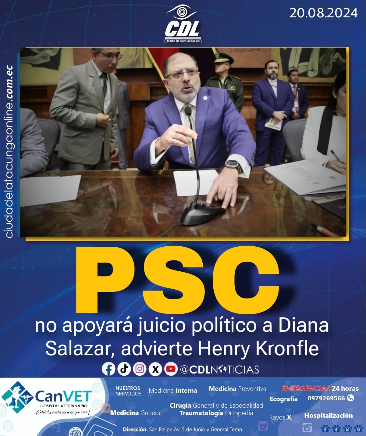 PSC no apoyará juicio político a Diana Salazar, advierte Henry Kronfle