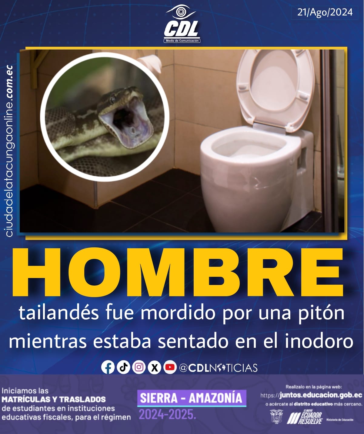 Hombre tailandés fue mordido por una pitón mientras estaba sentado en el inodoro