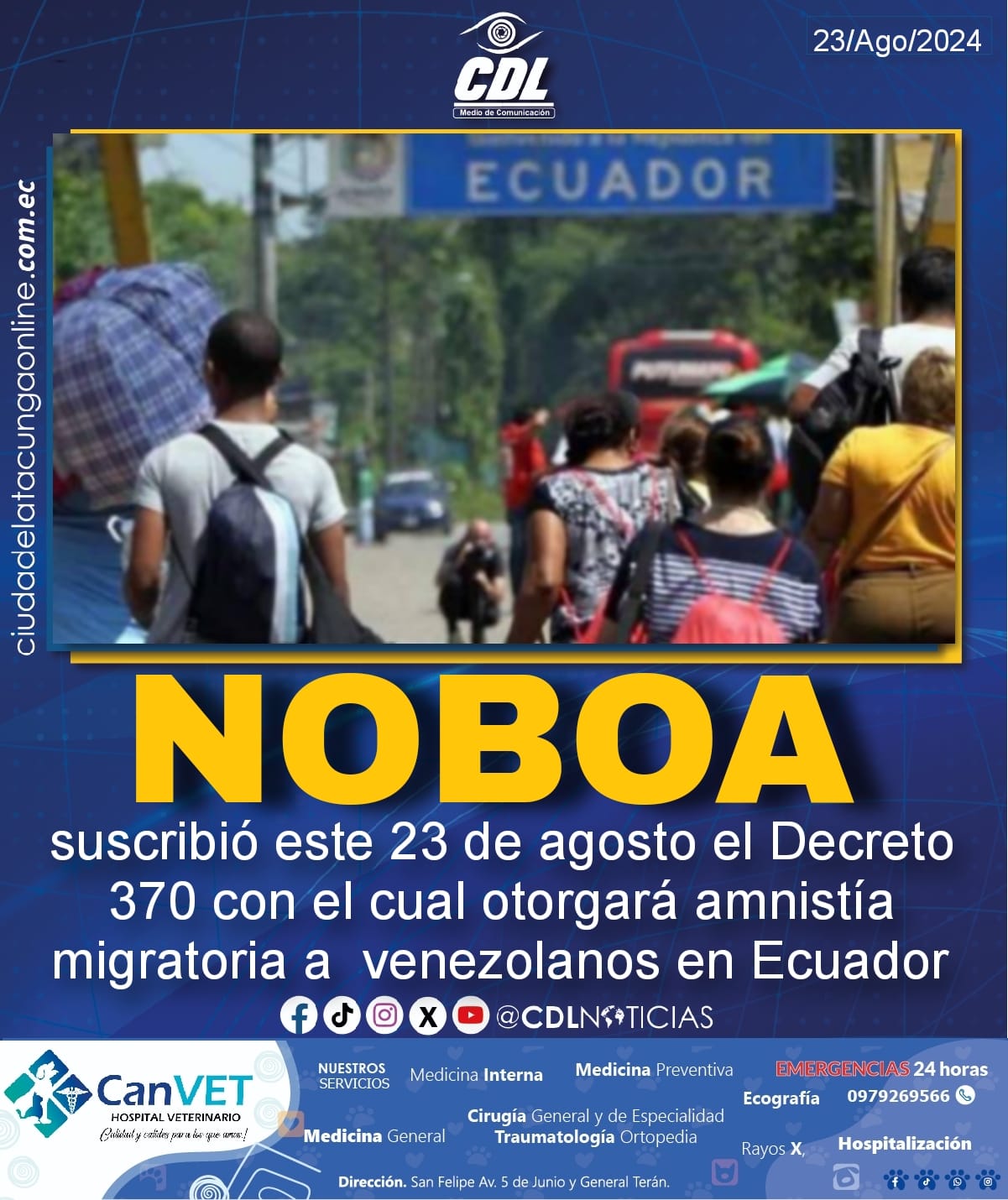Noboa suscribió este 23 de agosto el Decreto 370 con el cual otorgará amnistía migratoria a venezolanos en Ecuador