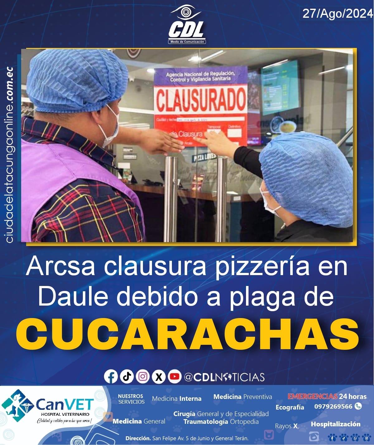Arcsa clausura pizzería en Daule debido a plaga de cucarachas