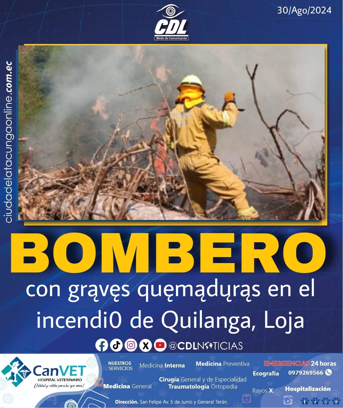Bombero con graves quęmadųrąs en el incendio de Quilanga, Loja