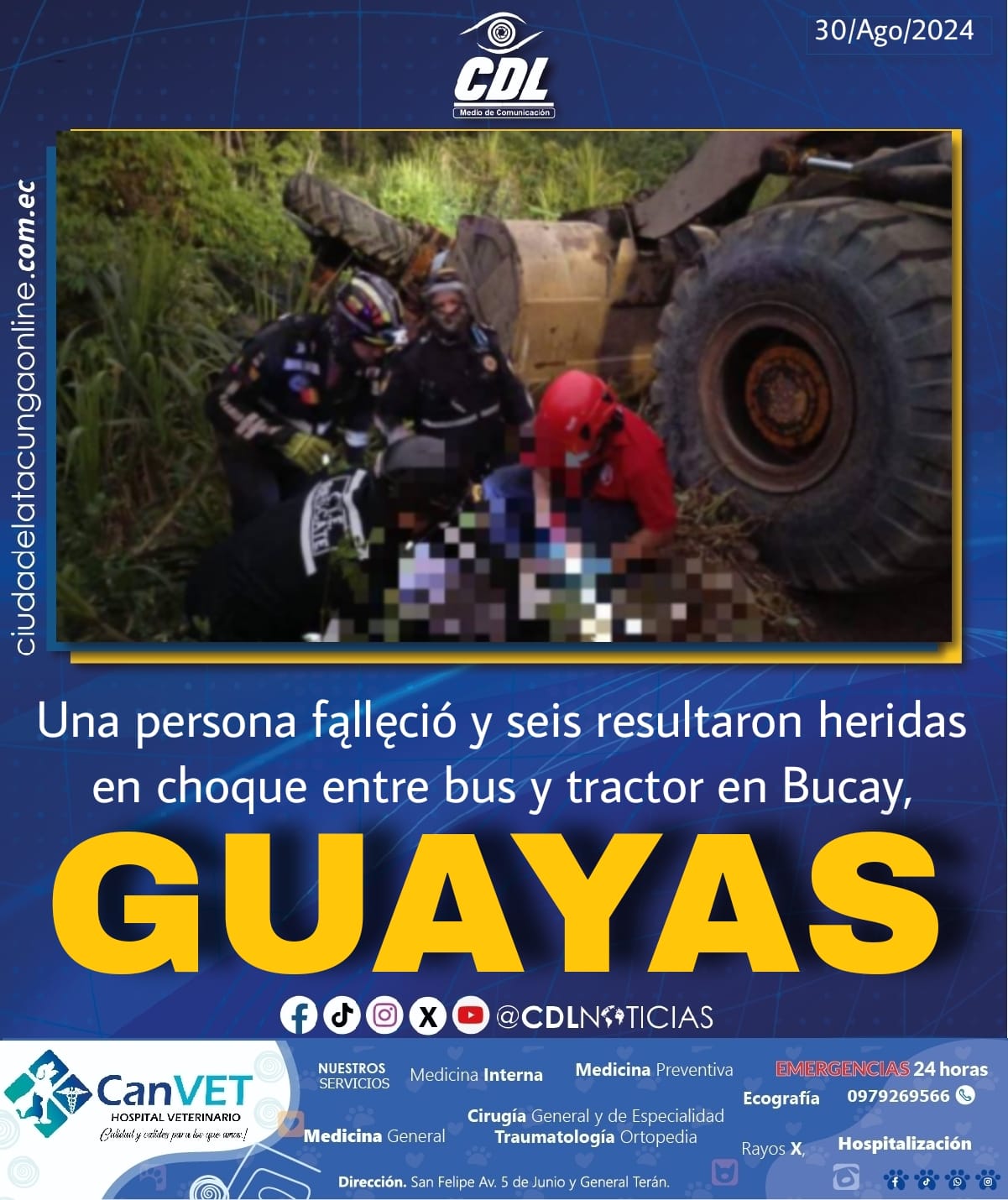 Una persona fąllęció y seis resultaron heridas en choque entre bus y tractor en Bucay, Guayas