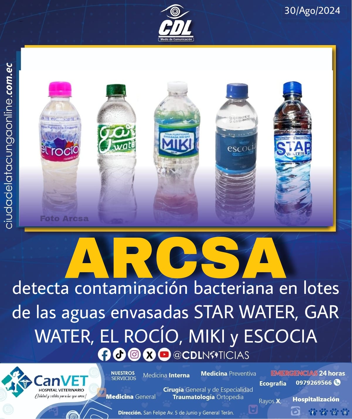 Arcsa detecta contaminación bacteriana en lotes de las aguas envasadas STAR WATER, GAR WATER, EL ROCÍO, MIKI y ESCOCIA