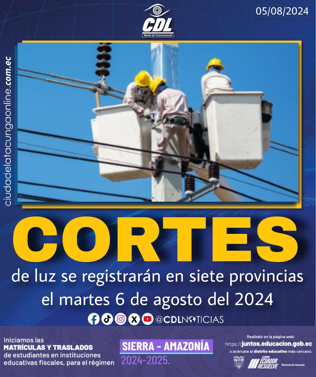 Cortes de luz se registrarán en siete provincias el martes 6 de agosto del 2024