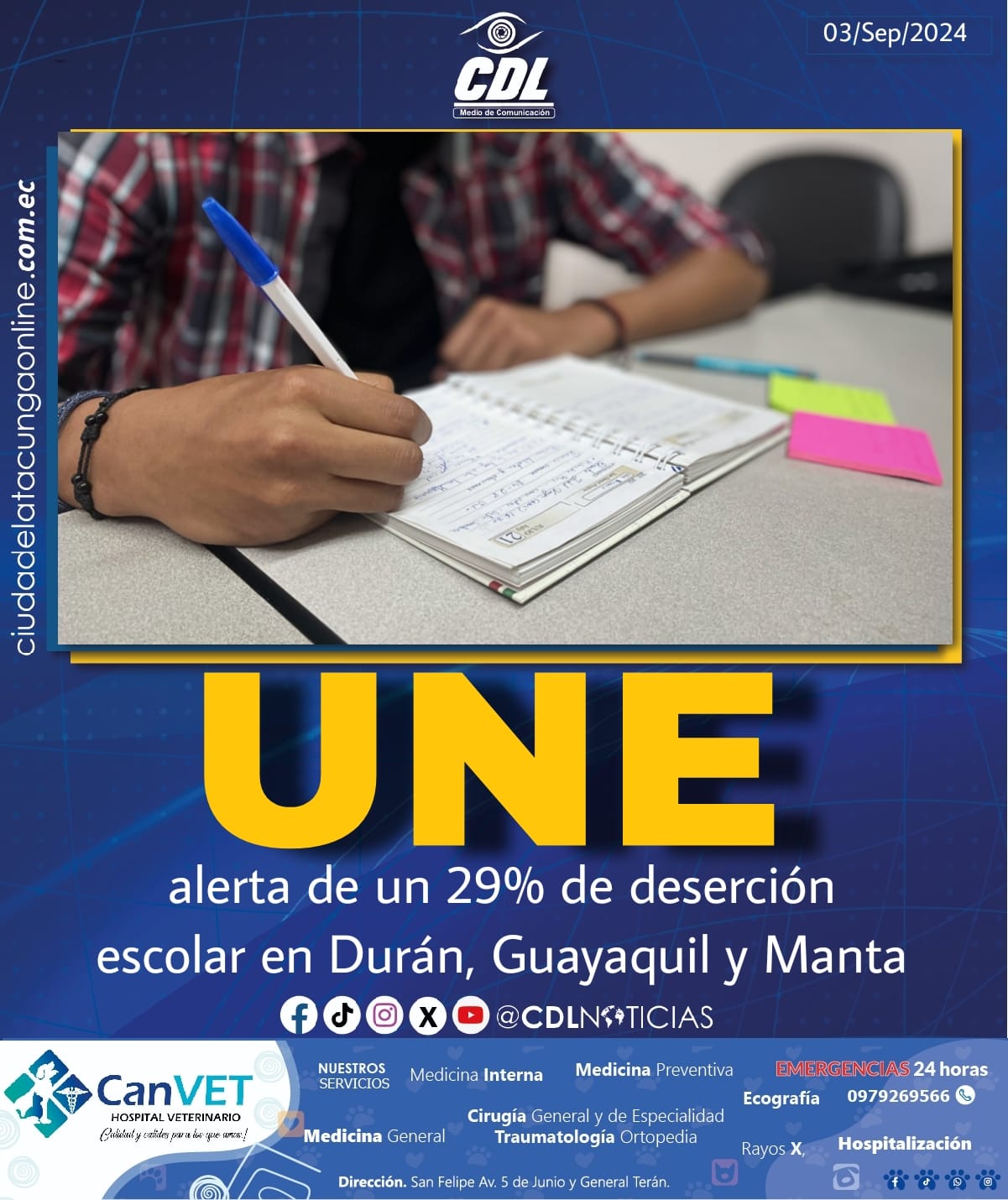 UNE alerta de un 29% de deserción escolar en Durán, Guayaquil y Manta