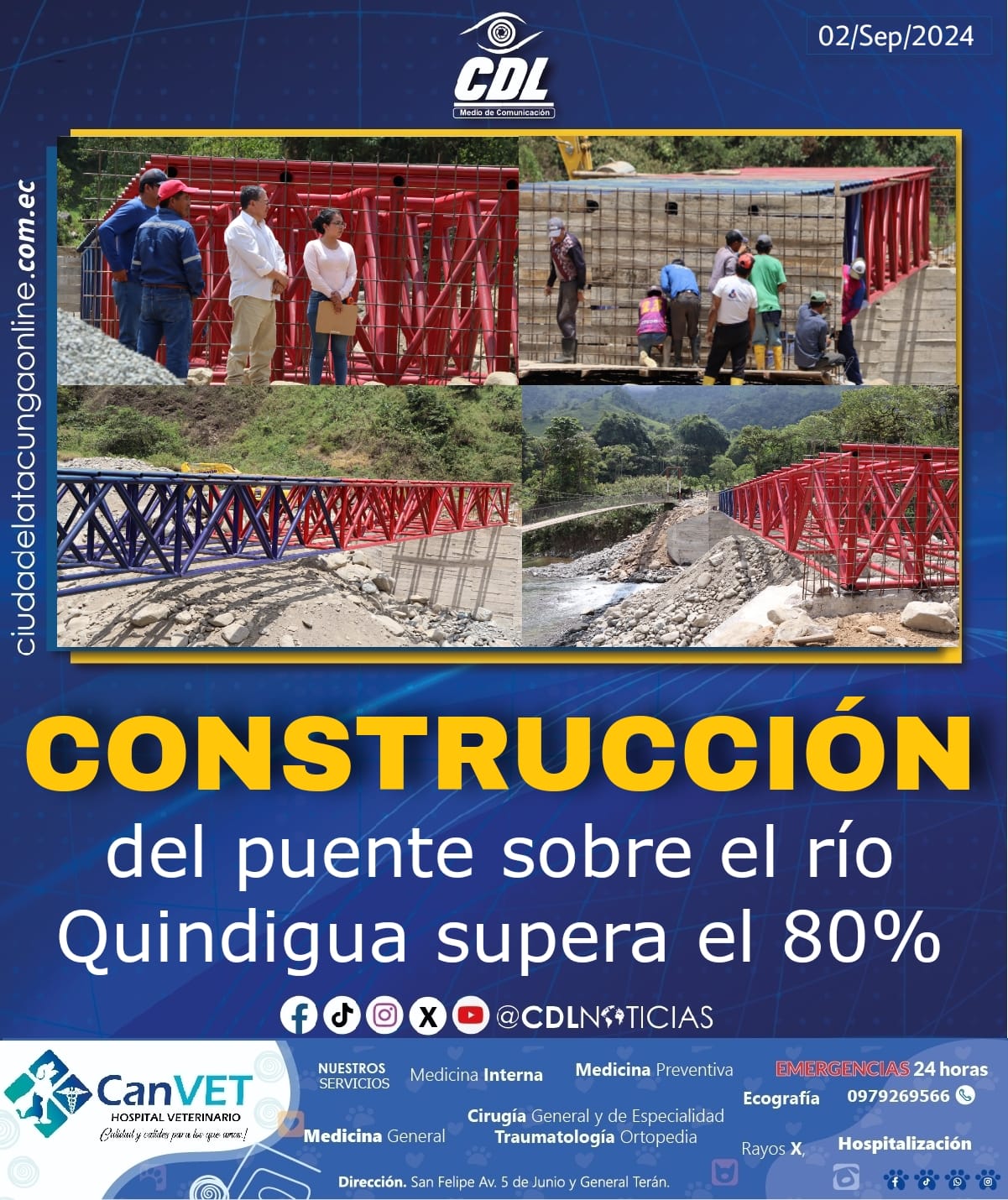 Construcción del puente sobre el río Quindigua supera el 80%