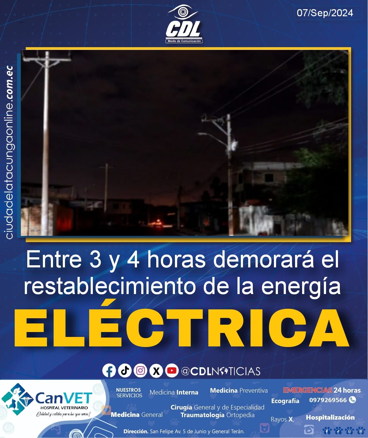 Entre 3 y 4 horas demorará el restablecimiento de la energía eléctrica