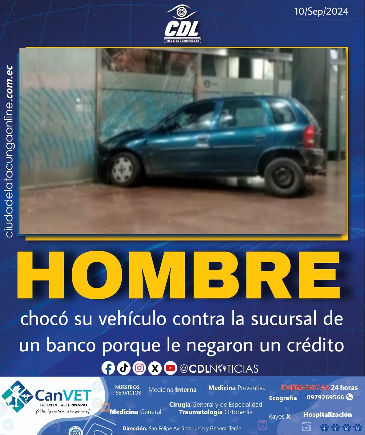 Hombre chocó su vehículo contra la sucursal de un banco porque le negaron un crédito