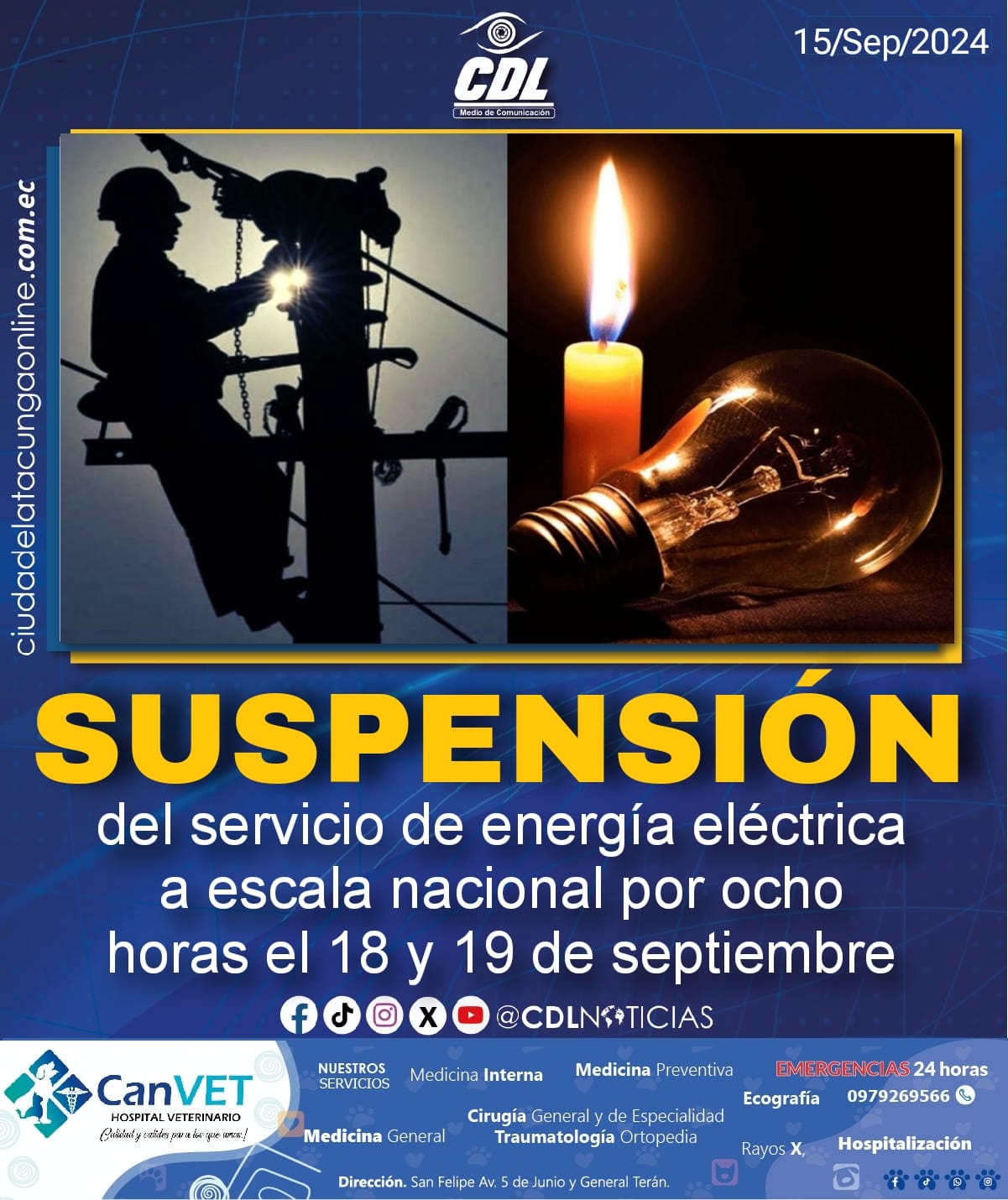 Gobierno dispone la suspensión del servicio de energía eléctrica a escala nacional por ocho horas el 18 y 19 de septiembre
