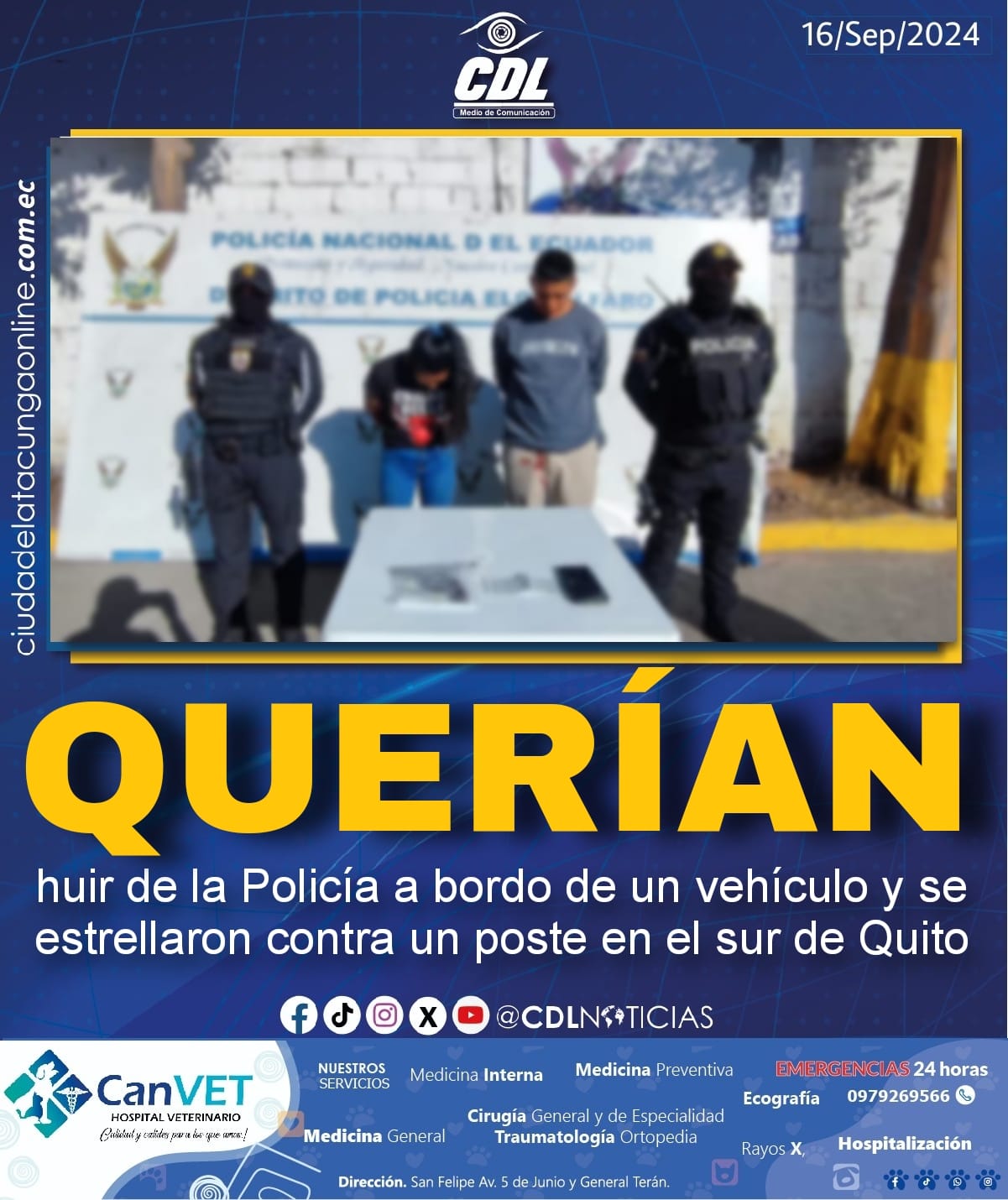 Querían huir de la Policía a bordo de un vehículo y se estrellaron contra un poste en el sur de Quito