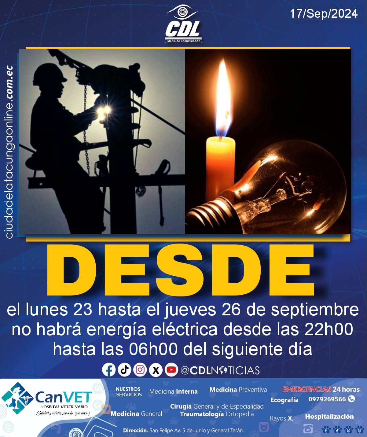 Desde el lunes 23 hasta el jueves 26 de septiembre no habrá energía eléctrica desde las 22h00 hasta las 06h00 del siguiente día