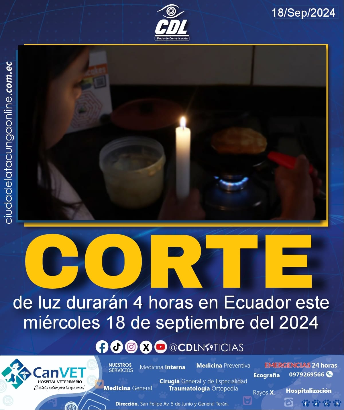 Cortes de luz durarán 4 horas en Ecuador este miércoles 18 de septiembre del 2024