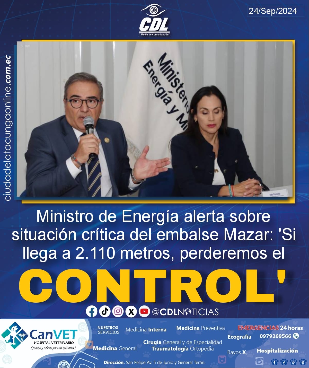 Ministro de Energía alerta sobre situación crítica del embalse Mazar: ‘Si llega a 2.110 metros, perderemos el control’