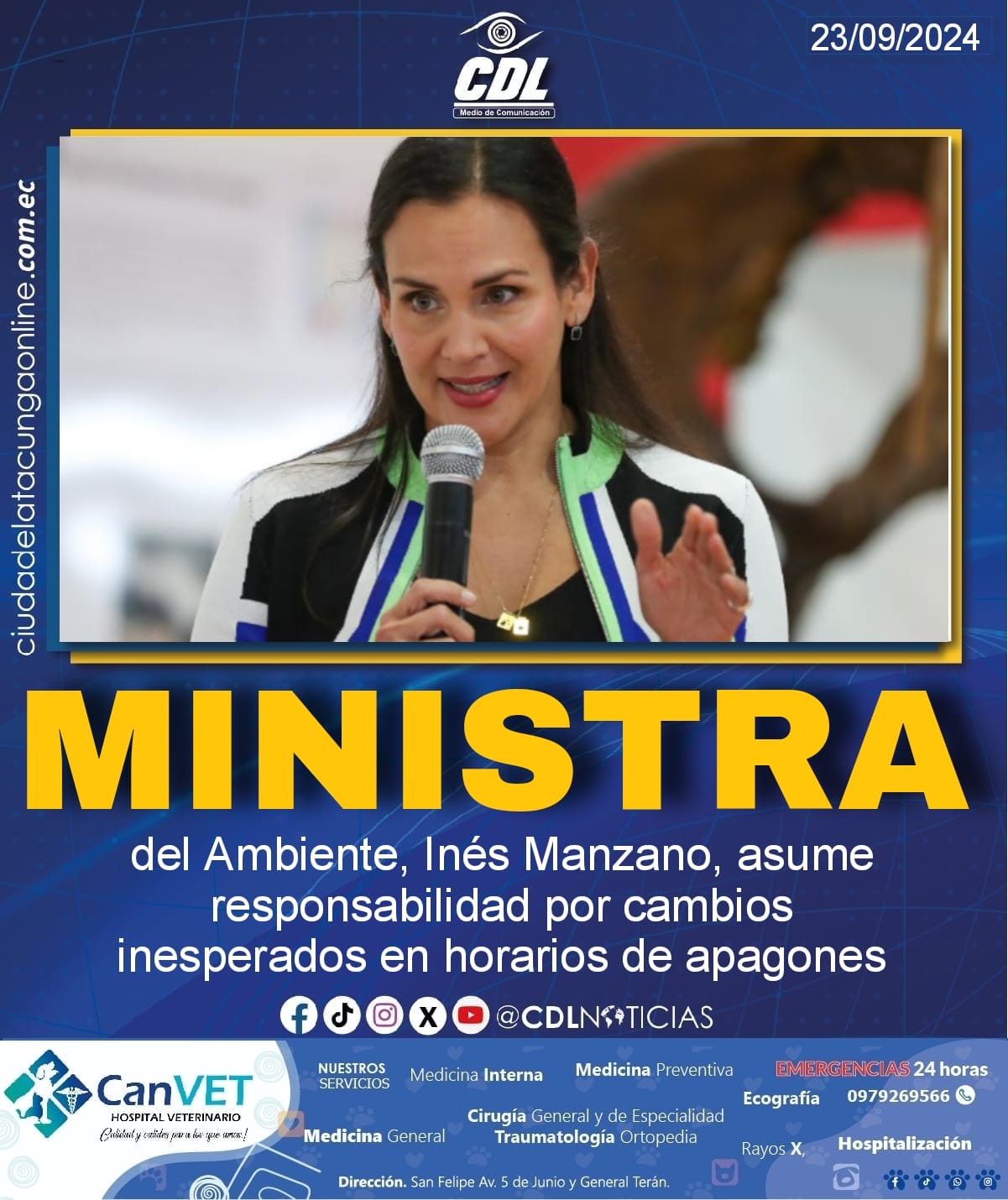 La ministra del Ambiente, Inés Manzano, asume responsabilidad por cambios inesperados en horarios de apagones