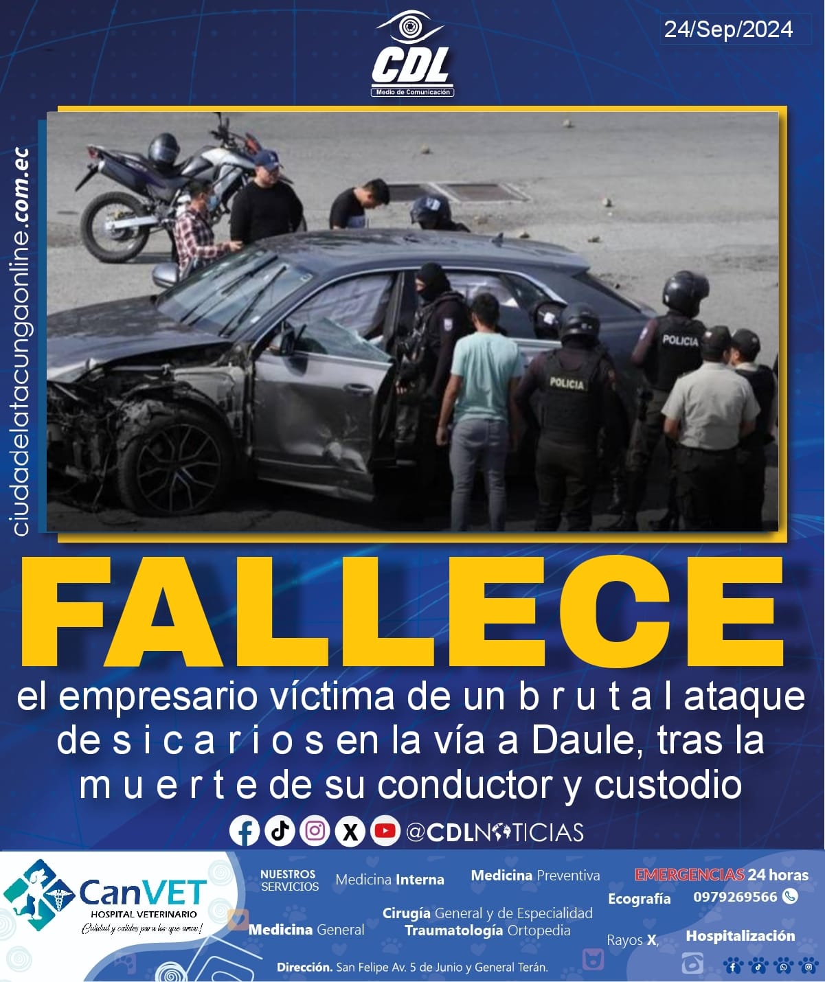 Fallece el empresario víctima de un b r u t a l ataque de s i c a r i o s en la vía a Daule, tras la m u e r t e de su conductor y custodio