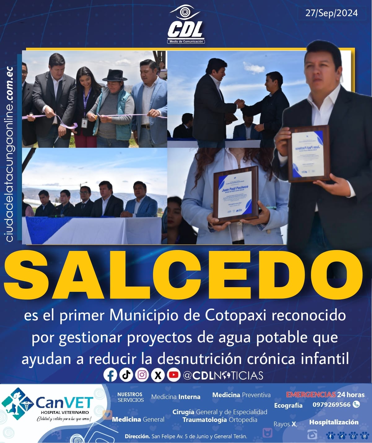 Salcedo es el primer Municipio de Cotopaxi reconocido por gestionar proyectos de agua potable que ayudan a reducir la desnutrición crónica infantil