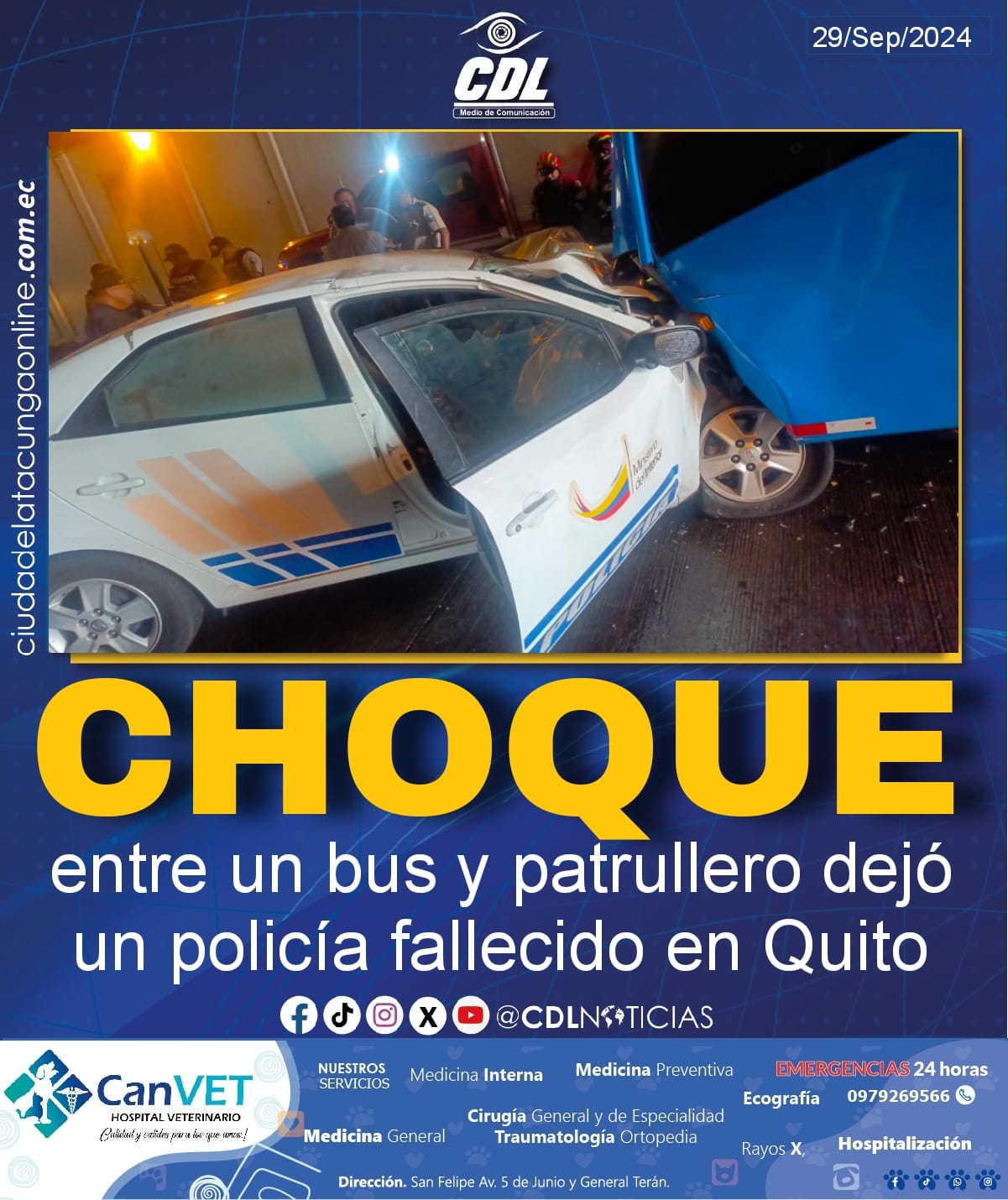 Choque entre un bus y patrullero dejó un policía fallecido en Quito