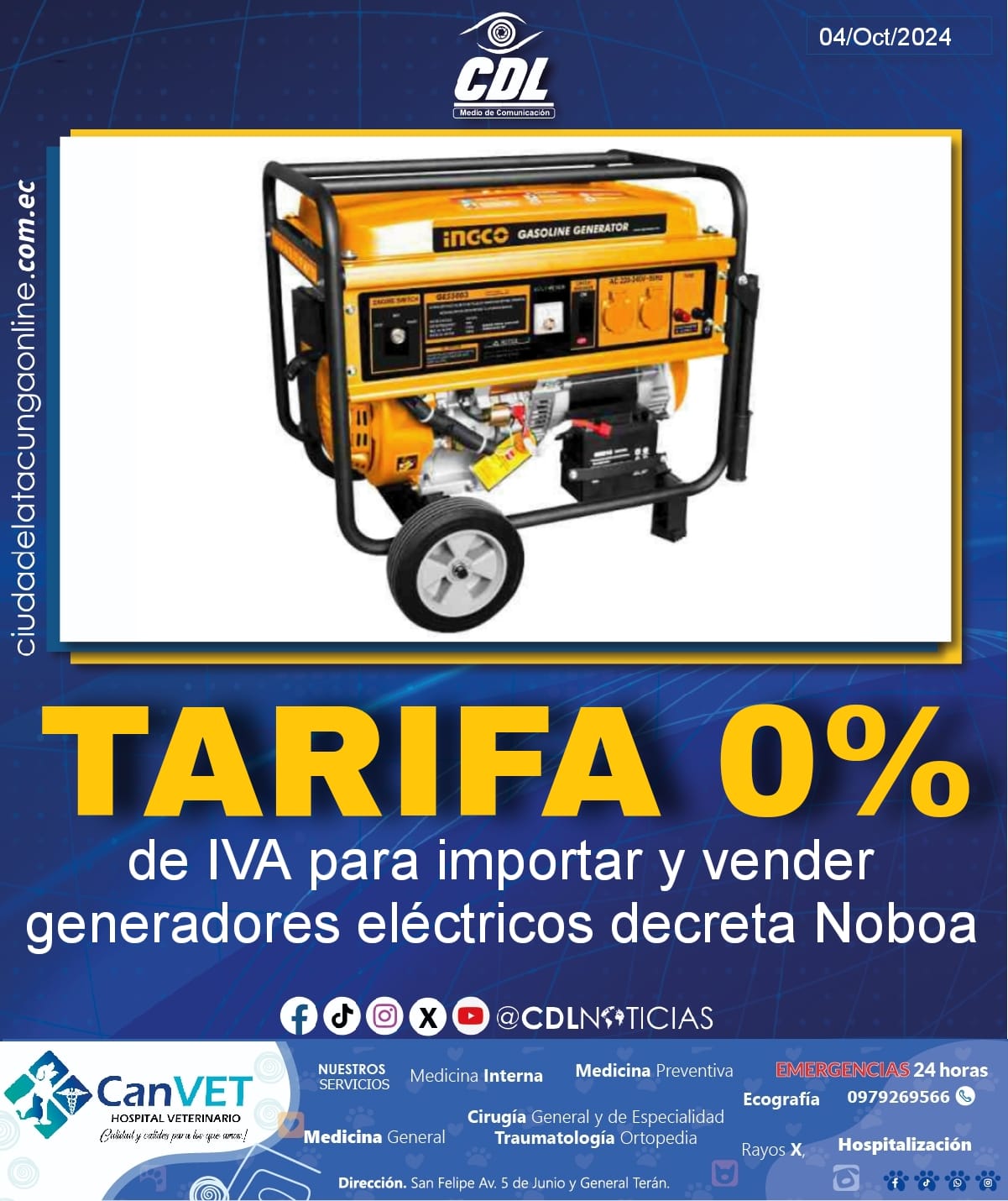 Tarifa 0% de IVA para importar y vender generadores eléctricos decreta Noboa