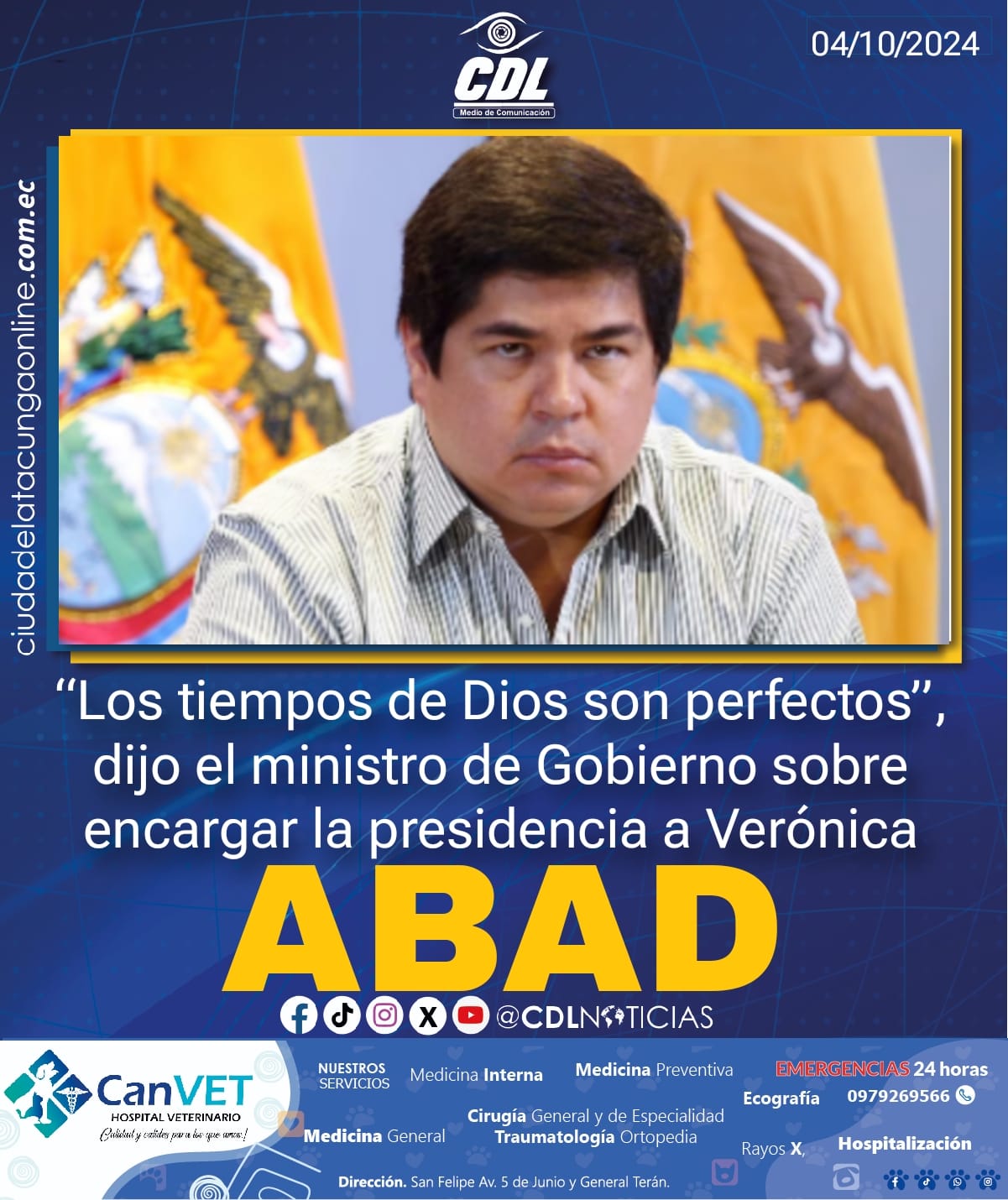 “Los tiempos de Dios son perfectos”, dijo el ministro de Gobierno sobre encargar la presidencia a Verónica Abad