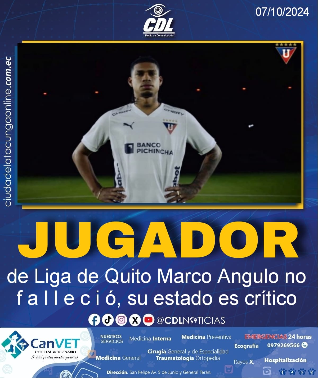El jugador de Liga de Quito Marco Angulo no f a l l e c i ó, su estado es crítico
